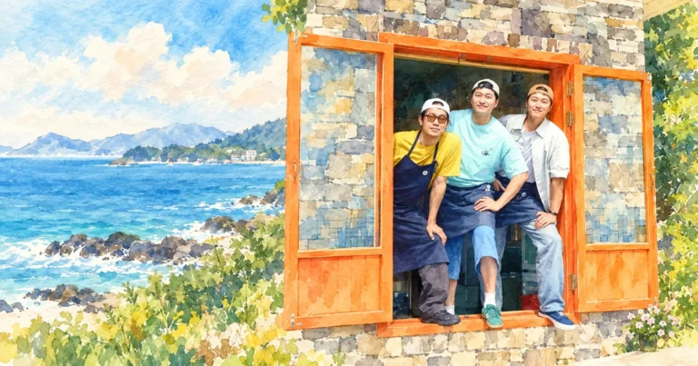 tvN 맛따라 길따라 대명이따라 공식 홍보 이미지를 수채화로 재구성한 김대명·공명·박지환 일러스트