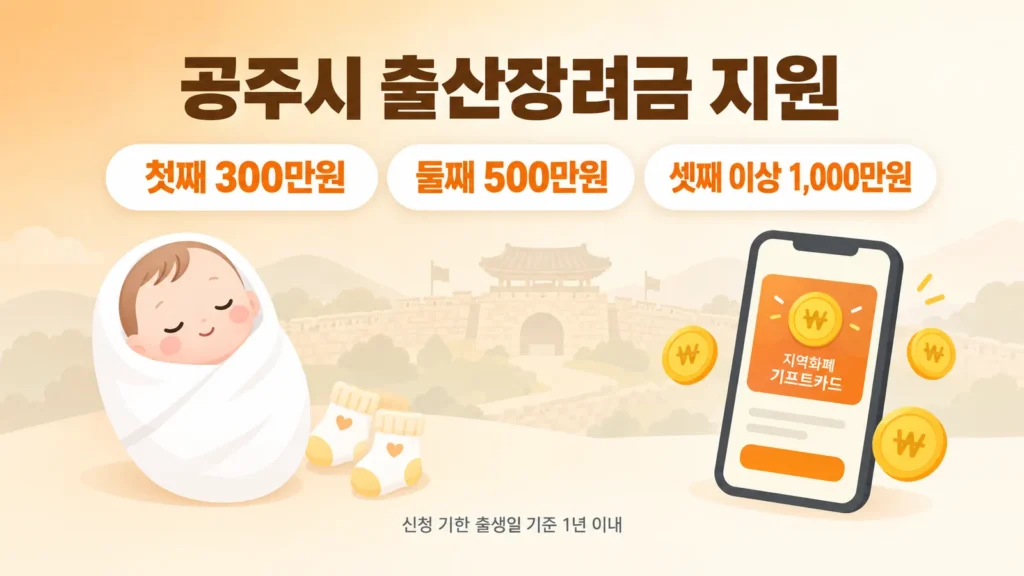 공주시 출산장려금 지원 총정리, 첫째 300만원부터 셋째 이상 1,000만원까지의 핵심 내용을 보여주는 가로형 대표 이미지