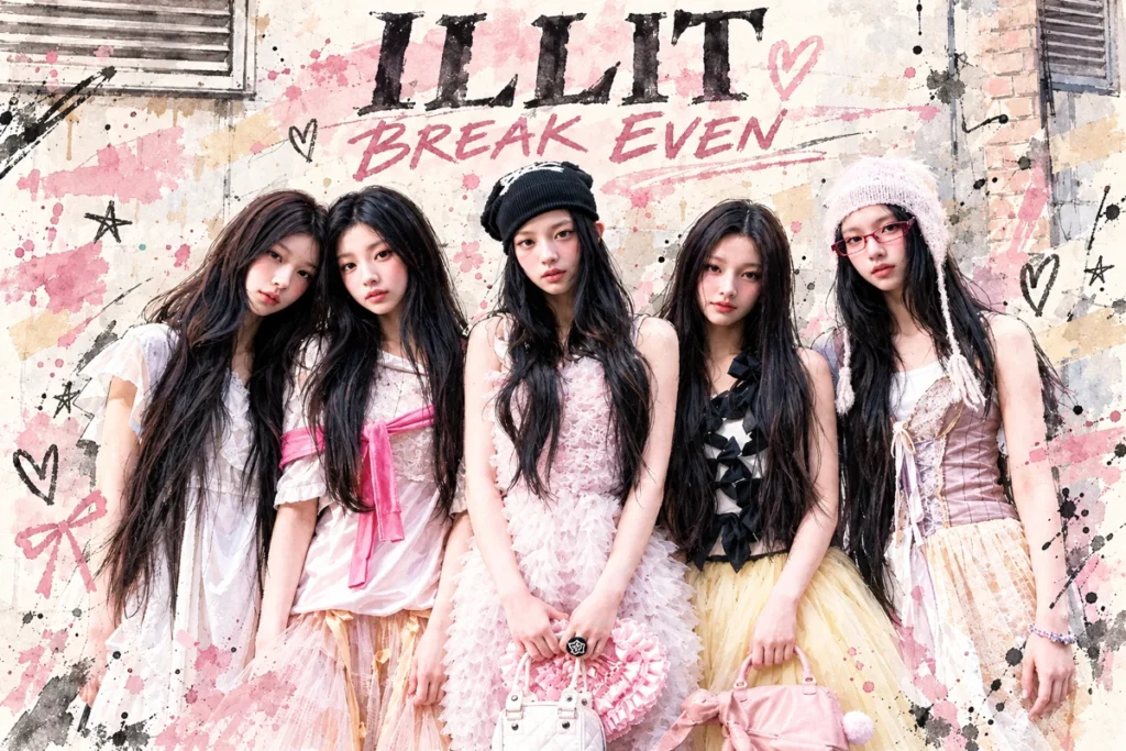 빌리프랩 제공 아일릿 다섯 멤버의 BREAK EVEN 홍보사진을 수채화로 재구성한 일러스트