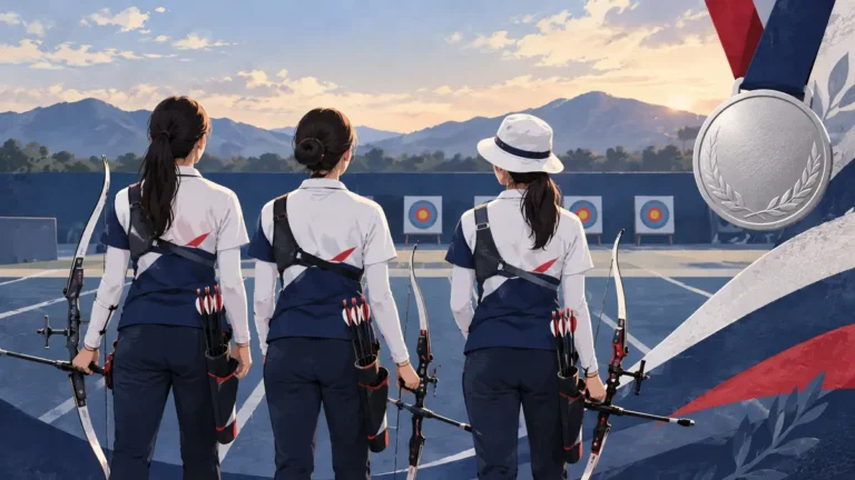 한국 여자 양궁 리커브 단체 대표팀 은메달 설명 일러스트