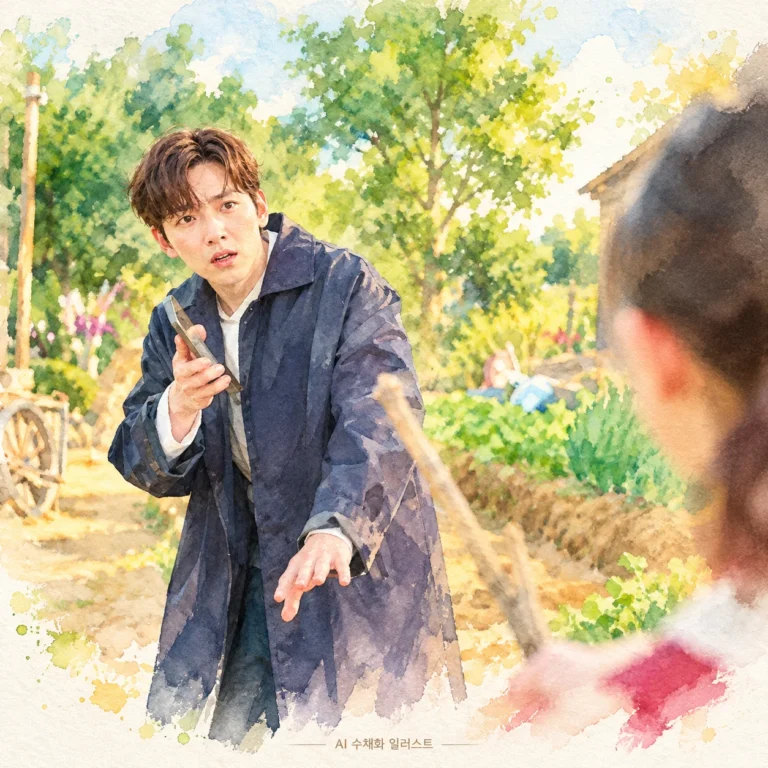 메리 베리 러브 공개 사진의 지창욱과 농장 배경을 원본으로 가공한 AI 수채화 일러스트