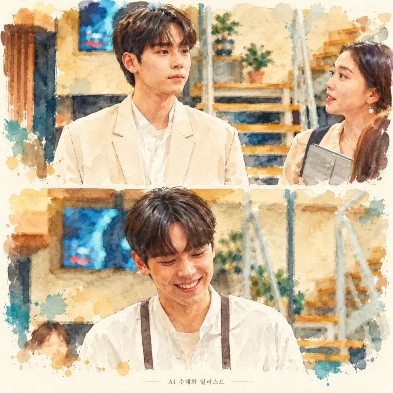 날아올라라 나비 새 인턴 윤동률 역 김도훈의 공개 스틸을 원본으로 가공한 AI 수채화 일러스트