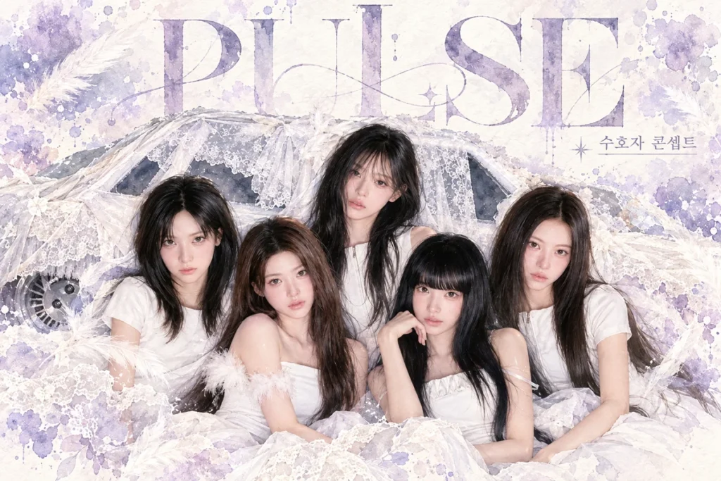리센느 다섯 멤버의 PULSE 수호자 콘셉트를 재구성한 수채화 일러스트