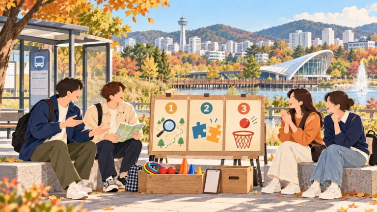 천안의 일상 공간에서 네 사람이 3단계 예능 미션 보드를 바라보는 설명용 일러스트